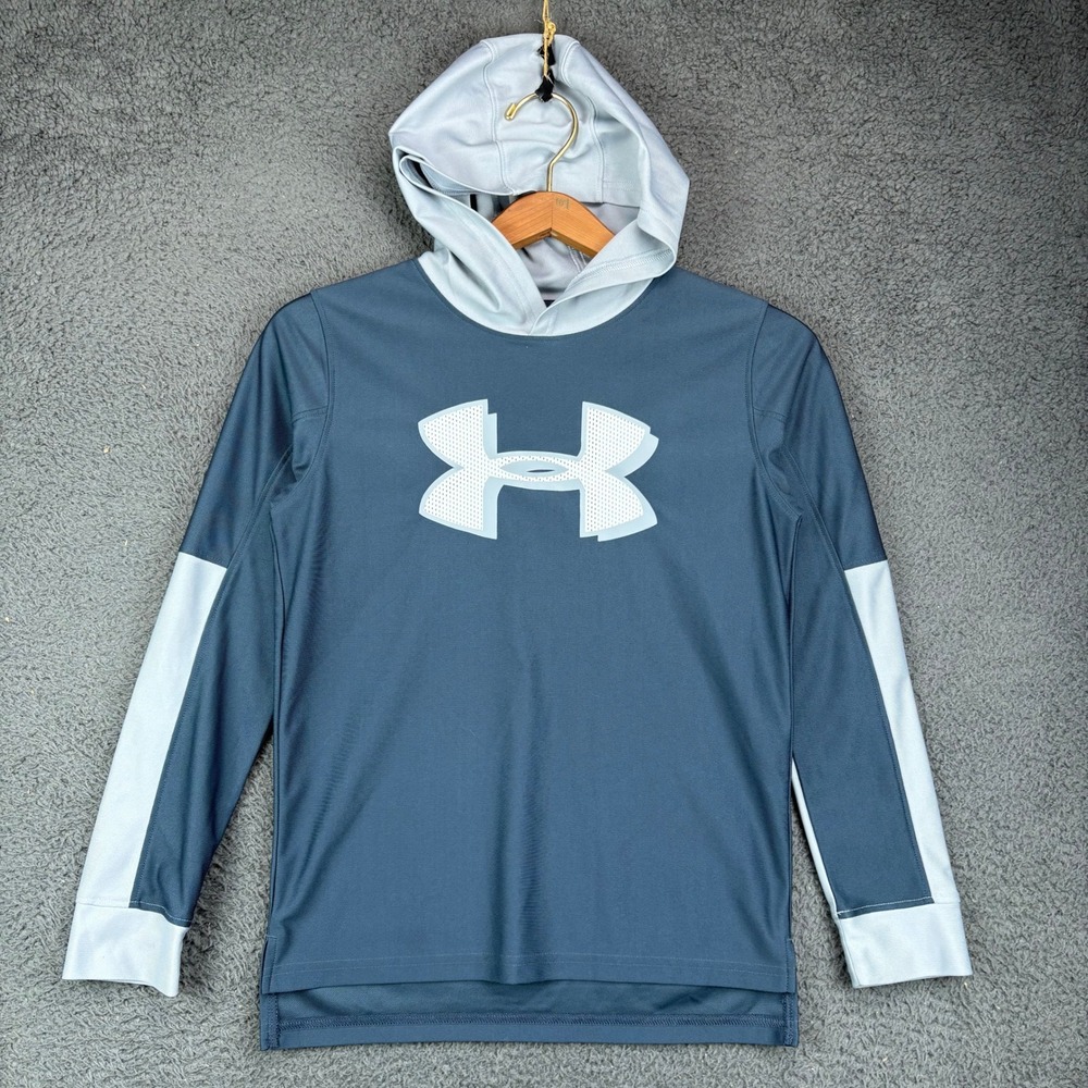 Under Armour Boys HeatGear Hoodie Gray Blue Colorblock Pullover‎ Shirt YMD JM M